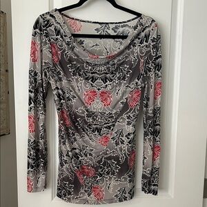 Rafaella Women's Long Sleeve Floral Cowl Neck Top - Gray & Red